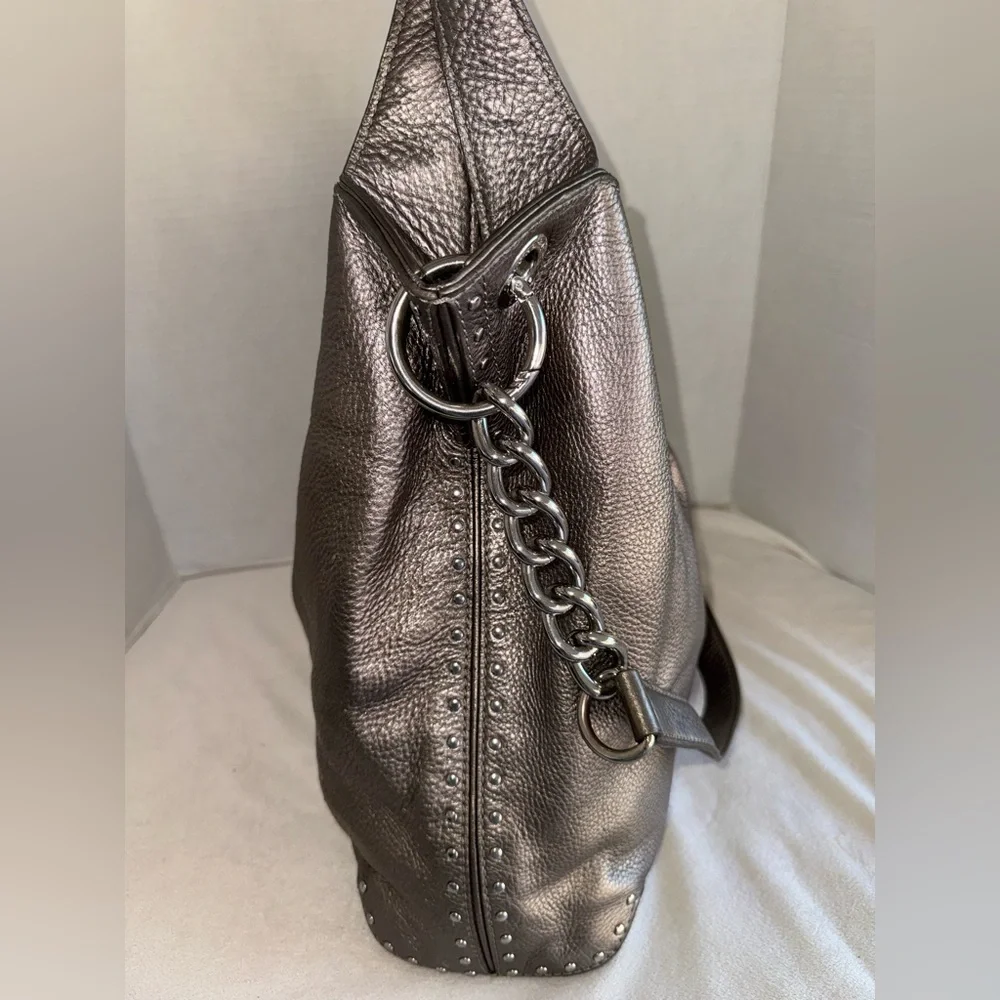 Michael Kors Metallic Gray Leather Studded Chain Strap Satchel Shoulder Bag